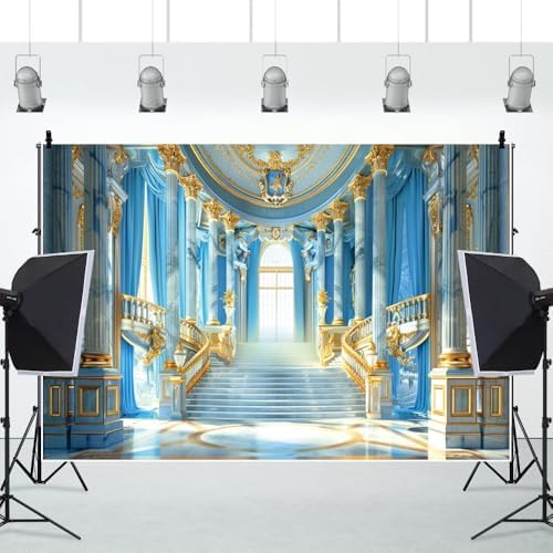 Leowefowa Luxurious Golden Hall Backdrop 10x8ft Glod Handrail Interior Stairway Chandeliers Photography Background for Wedding Blue Gold Palace Banner Masquerade Party Theme Decor Vinyl - Image 4