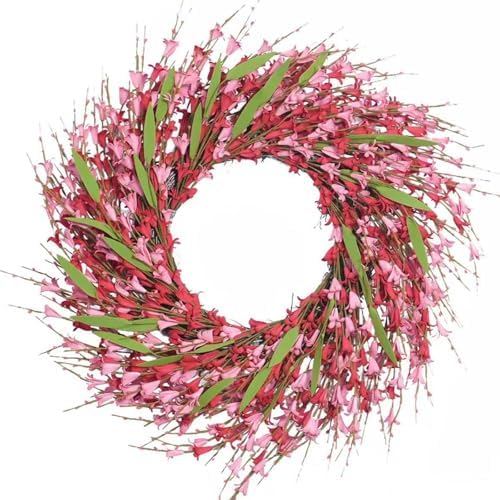 idyllic 22 Inch Spring Pink Forsythia Wreath, Valentine's Day Floral Decor with Red Pink Blooms for Front Door Mantel Table Wall Window Indoor Wedding Anniversary Dinner Decor by idyllic