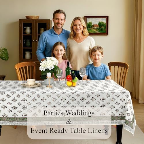 CPC Fall Green Block Print 100% Cotton Rectangle Tablecloth 72x140 Inch - Image 3
