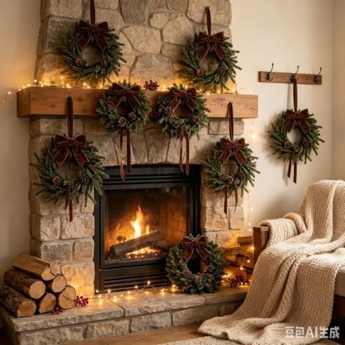 6 Set Classic Christmas Hanging Wreaths Small Artificial Cedar Wreaths with Brown Velvet Ribbon Pine Cones Mini Faux Greenery Wreath for Front Door Porch Cabinet Window Xmas Holiday Decorations - Image 2