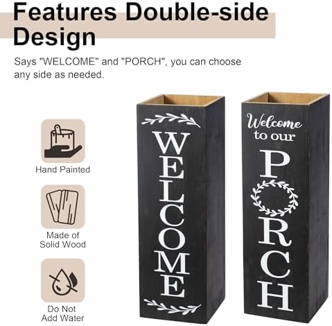 Glitzhome 24"H Wooden Welcome Sign, Rustic Farmhouse Double-Sided Box-Shaped "WELCOME PORCH" Sign, Outdoor Front Door and Courtyard Decoration（Black） - Image 4