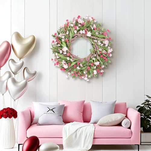26" Spring Wreaths for Front Door Artificial Floral Wreath with Wildflowers Portulaca CHEAWRTZ Summer Easter Decorations for Indoor Outdoor Window Wall Farmhouse Porch Home Decor Cherry Blossom Pink - Image 5