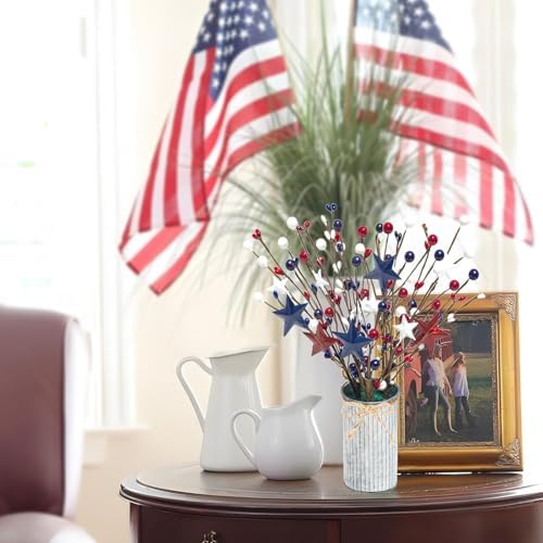 Uieke 4th of July Decorations 6PCS Artificial Patriotic Floral Picks with Vase, Artificial Berry Stem Picks Star Shaped for Independence Day Red White Blue Decor for Home Office Wedding Centerpieces - Image 6