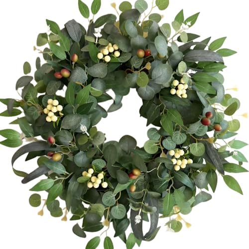 22-24" Eucalyptus Wreaths for Front Door,Spring Summer Fall Autumn Winter Wreaths,Large Eucalyptus Greenery Wreath with Olive Leaves Berries for Front Door Outdoor Farmhouse Decor All Seasons by Ecerangus