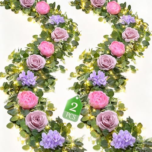 Livole 2Pcs 12 Ft Flower Garland with Light, Pink Peony Floral Garland by Livole