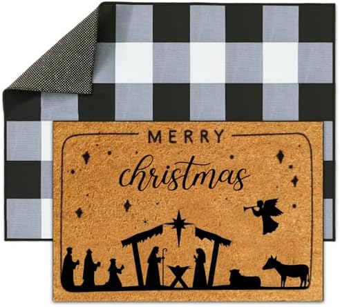 2 Pcs Merry Christmas Doormat, Nativity Scene Door Mat Christmas Non Slip Coir Mats Floor Striped Rug Layering Doormats Seasonal for Xmas Winter Doormats Front Porch Entryway Decor 24” x 32" - Image 2