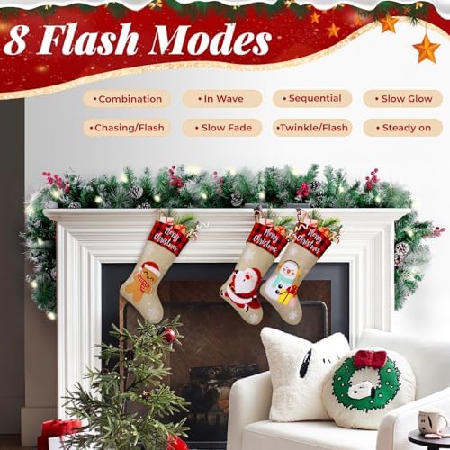 BlessedSeason 6FT Christmas Garland with Lights, Artificial Lighted Garland Indoor for Stairs, Fireplace, 30 Lights Green Garland, Cones & Red Berries & Pine Needle - Image 5