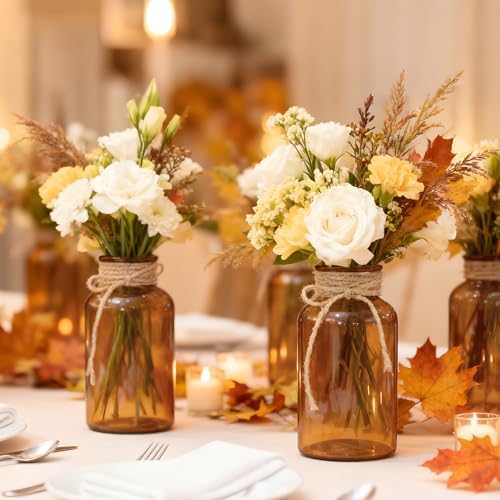 6 Pack Mason Jar Vases for Centerpieces, Amber Glass Flower Vase - Image 5