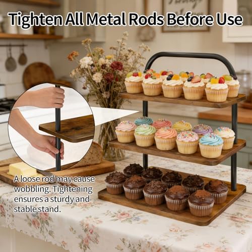 Cupcake Stand, 3 Tier Large Cupcake Stand Rustic Stepped Cupcake Display Stand Square Wood Dessert Table Display Set Cupcake Tower Tiered Tray Stand for Wedding Birthday Graduation - Image 6