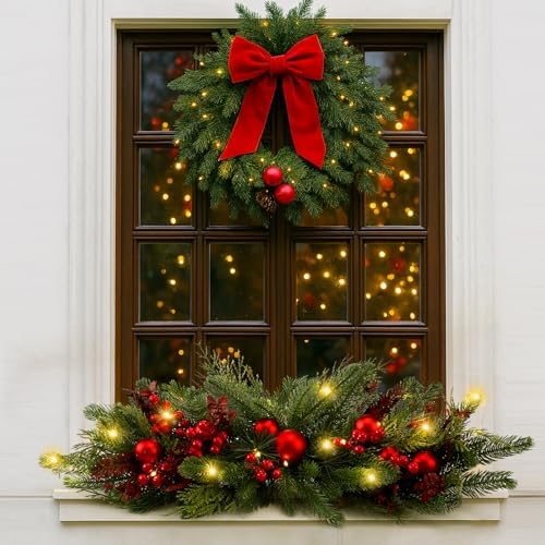 Yalikop 1 Pcs 24.5 Inch Christmas Swags with Light, Ball and Berry - Image 6