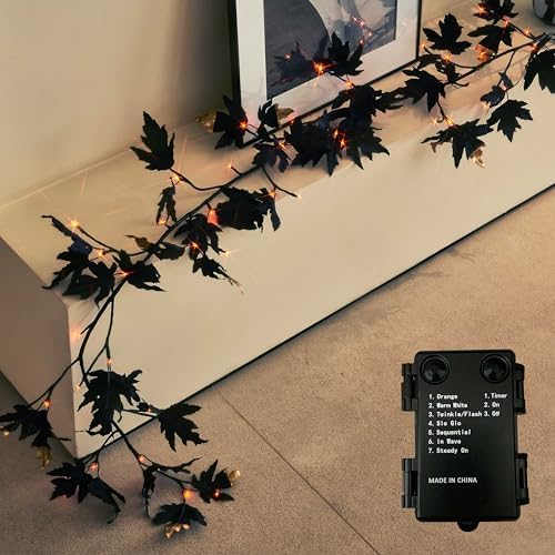 Birchlitland Halloween Black Maple Garland with Lights Timer 48 LED Orange and Warm White Fairy Lights, Battery Operated for Indoor and Outdoor Halloween Party Decoration - Image 4