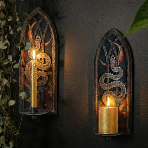 Gothic Wall Candle Sconces Set of 2, Snake and Moon Iron Wall Mounted Candelabra Holder with Removable Trays for Taper & Pillar Candles, Natural Aesthetic Boho Art Hanging Design Decor - Image 7
