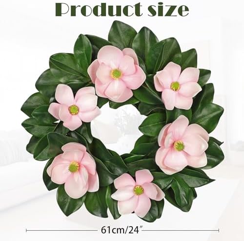 24" Artificial Wreath for Front Door Pink Magnolia Wreath Greenery for Easter Spring Housewarming Wedding Farmhouse Mantel Door Decoration - Image 3