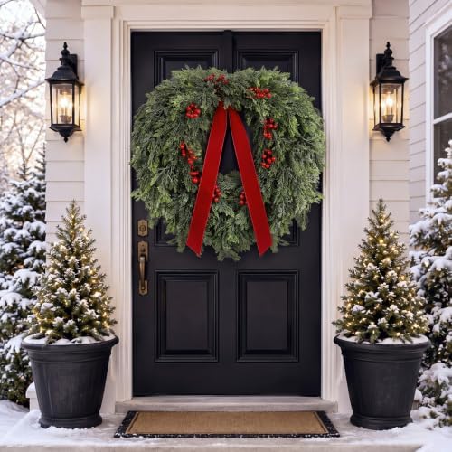 Suncalla 32''Christmas Wreath for Front Door Artificial Cedar Winter Wreath | Wreath with Berry and Ribbon, Lifelike Faux Pine Needle, Fake Greenery Wreath, for Porch Holiday Outdoor Xmas Decor - Image 4