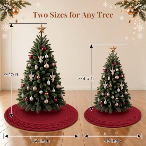 VOXOR 60 Inch Christmas Tree Skirt, Extra Large Chunky Knitted Tree Skirt with Bow Tie Closure, Burgundy Vintage Tree Skirts for 9 & 10 Feet Trees, Farmhouse Christmas Decorations for Home Living Room - Image 3