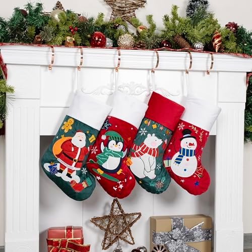 BHD BEAUTY Christmas Stocking 4 Pack White Green Red Velvet Embroidery Pattern Soft Faux Fur for Family Decorations Hanging Ornament for Xmas Holiday Party - Image 2