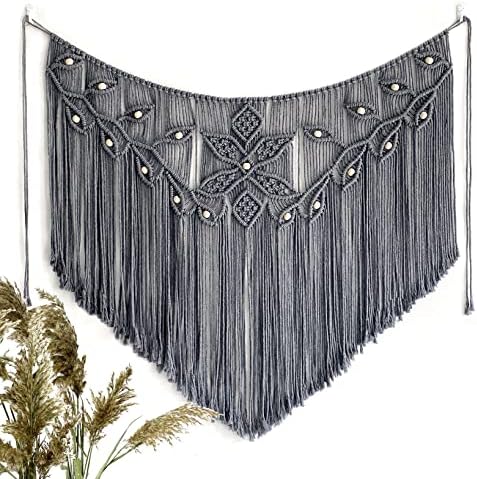 Youngeast Macrame Wall Hanging Large Macrame Curtains Leaf Shape Beads Wall Decor Boho Tassel Wall Art Woven Tapestry Headboard Backdrop Gray - Image 3