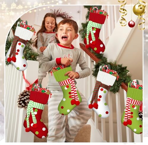 Newcotte 6 Pack 20 Inch Large Christmas Stocking Elf Xmas Hanging Stockings Red Green White Christmas Decorations for Holiday Fireplace Tree Decoration Gift Present - Image 4