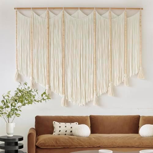 Jakalin Macrame Wall Hanging White Beads Yarn Art Boho Home Decor 57"x43" - Image 3