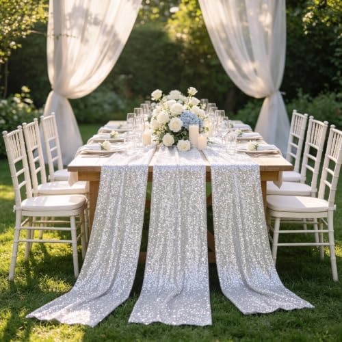Silver Sequin Table Runner 12x108 Inch 15 Pack Wedding Party Table Decor - Image 2