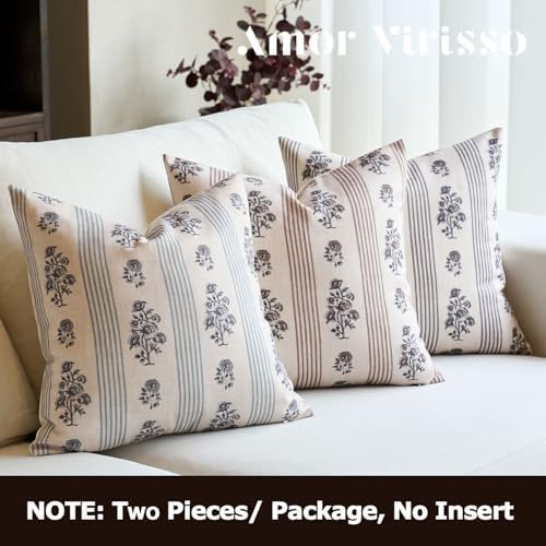 Amor Virisso Floral Throw Pillow Covers 24x24 Set of 2 Block Print Pillow Covers Neutral Floral Striped Farmhouse Decorative Pillow Covers for Sofa Couch Bed, Light Blue - Image 6