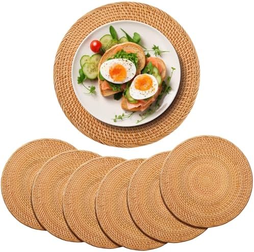 6 Pack Rattan Round Placemats, 13 Inch Woven Table Mats by Gandeer