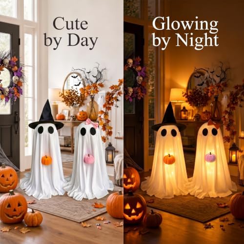 Halloween Decorations Indoor 2 Pack - Cute Light Up Spooky Ghost Outdoor Decor, Lighted Halloween Ghost with Witch Hat & Pumpkin for Table Mantal Entryway Fireplace Porch Party Home Yard Centerpiece - Image 6
