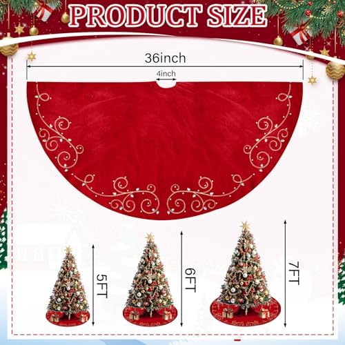 36inch Christmas Tree Skirt Red Luxury Velvet Plush Fur Skirts Baroque Tree Skirts with Gold Embroidered Pearls and Crystals Xmas Velvet Trees Skirt for Christmas Holiday Party Home Decorations - Image 2