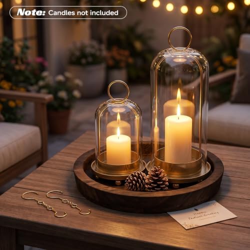 5"&4" Hurricane Glass Candle Holders, Gold Candle Holders with Wooden Tray & Hook Chains, Glass Cylinder Candle Holders for Pillar Candles, Brass Lantern Candlestick Decor for Home Wedding Table - Image 5