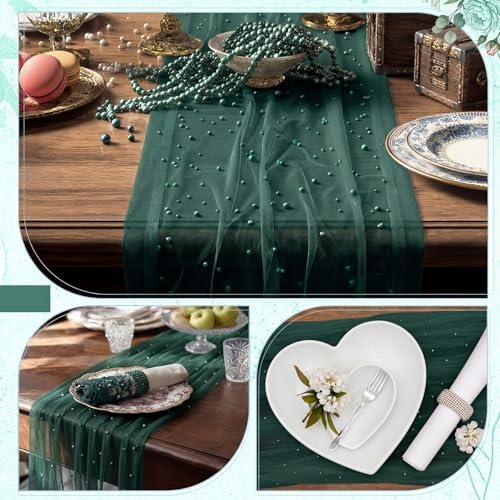 Dark Green 10 Pcs Pearl Gauze Table Runner 120 Inch 10ft Pearl Sheer Tulle Table Cloth Centerpieces for Home Wedding Birthday Bridal Baby Shower Party Favor Holiday Dining Decorations - Image 3