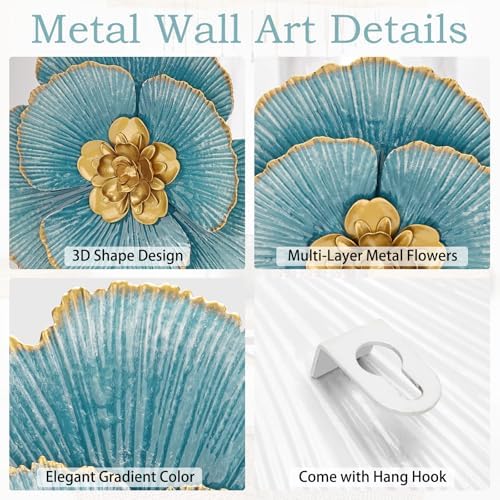 3 Pcs Metal Flower Wall Art Set 10 Inch Rustic Modern Floral Sculpture - Image 3