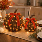 Lighted Fall Pumpkin Decor 2 Pack Rattan Pumpkins with Velvet Bow - Image 2