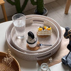 16.9" Round Rattan Tray, Hand Woven Serving Tray with Handles, Wicker Serving Basket, Decorative Tray for Home Decor, Whitewash - Image 7