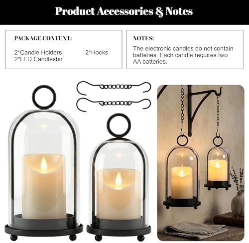 Hurricane Candle Holders Set of 2-10" & 7.8" Black Metal Base with Glass Dome, Includes 2 Pillar Candles, Hanging or Tabletop Centerpiece (Batteries Not Included) - Image 5