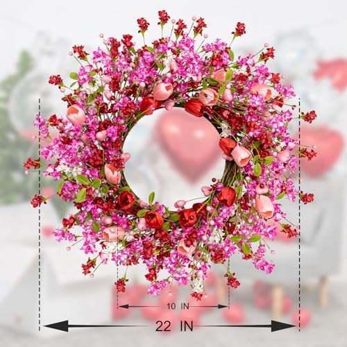 Yawwind 22 Inches Valentine Wreath Red Valentines Wreaths for Front Door Valentine's Day Flower Wreath with Tulips Heart Berry for Window Porch Indoors Outside - Image 6