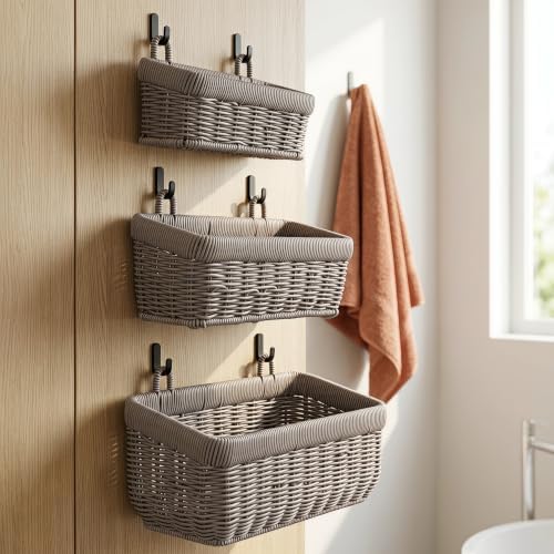 Wall Baskets, Hanging Wicker Baskets for Kitchen Bathroom Garage Porch Door Decor and Organizing (Gray, S+M+L) - Image 5