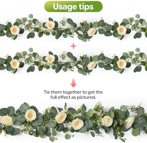 4 Pack 24FT Artificial Eucalyptus Flower Garland with 6 Champagne Roses, Fake Flower Vines Centerpieces for Tables, Spring Greenery Floral Garland for Mantle Wedding Backdrop Home Table Runner Decor - Image 3