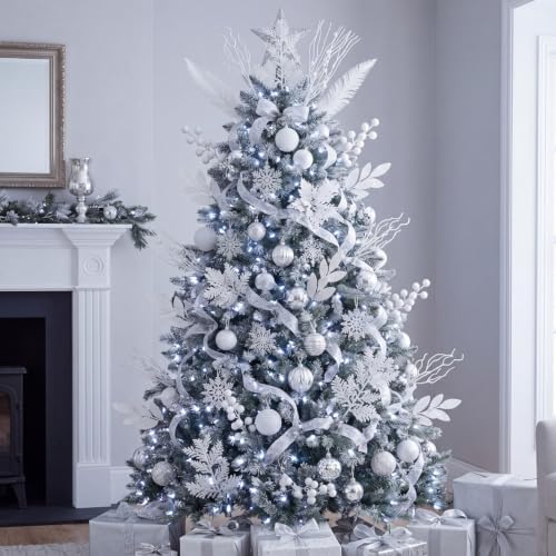 White 66 Pcs Christmas Glitter Picks and Sprays, Xmas Artificial Floral Stems Branches Berry Leaf Pine for Tree Topper Wreath Garland Centerpiece Holiday Party Home Decor - Image 4