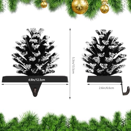 Hxezoc 2 Pack Pine Cone Christmas Stocking Holder with Snowflake, 3D Brown Metal Mantel Stocking Hangers for Christmas Fireplace Mantel Decorations Christmas Holiday Supplies - Image 2