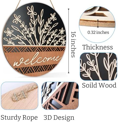 Dazingart 16" 3D Wooden Welcome Sign, Wildflower Front Door Hanger, All Season Farmhouse Outdoor Porch Decor (Welcome Black) - Image 4