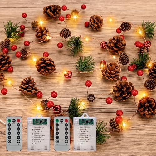 Christmas Garland with Lights, 6.7Ft 20 LEDs Pine Cone Battery Operated Garland with Lights, Christmas Fairy Lights with 8 Modes, Red Berry Xmas Garland Indoor Outdoor for Tree Decor(2pack) by JOHUNT