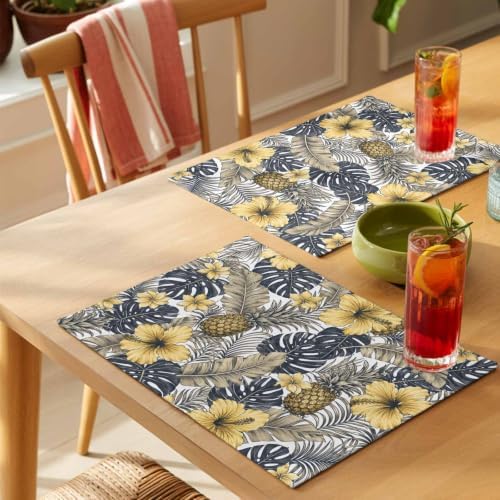 Tropical Plants Placemats Set of 8, Cotton Linen Fabric Place Mats, Yellow Flowers Pineapple Palm Leaves Washable Decorative Table Mats Protector for Home Kitchen Dining Wedding Party Coffee Tables - Image 4
