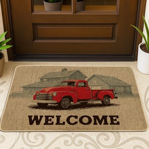 Vintage Red Truck Doormat, Farmhouse Outdoor & Indoor Entrance Decor, Seasonal Welcome Mat for Autumn & Holidays, Non-Slip Rubber Dust Absorbent Features 29x17 Inch by Unknown