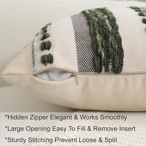 Boho Pillow Covers 18x18 Set of 2 for Couch-Modern Farmhouse Sofa Green Decorative Throw Pillow Covers Textured Chenille Cushion Covers Outdoor Netural Bohemian Bed Pillow Cases Square - Image 6