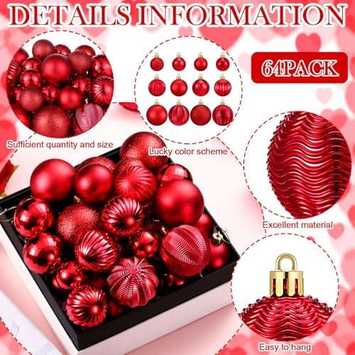 Lunmon 64 Pcs Red Christmas Ornaments Luxury Red Xmas Bulbs - Image 4