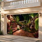 Garden Garage Door Banner 6 x 13 FT, Waterfall Pond Night Garden Garage Door Cover, Scenic Stone Path Landscape Outdoor Garage Door Decorations with Lanterns & Flowers, Nature Backdrop (Courtyard) - Image 5