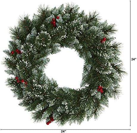 Nearly Natural 24in. Frosted Swiss Pine Artificial Wreath with 35 Clear LED Lights and Berries, Green, 5x24x24 - Image 2