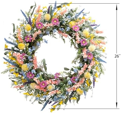 26 Inch Spring Summer Colorful Flower Wreath for Front Door, Forsythia Lavender Wild Flowers Wreath for Home Decor, Colorful Wild Flowers with Green Leaves for Everyday - Image 7