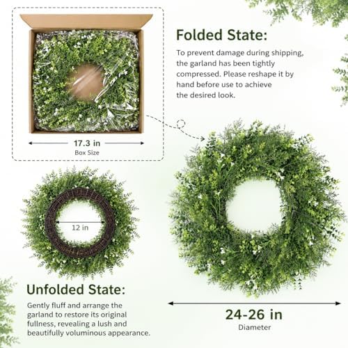 26 Inch Artificial Boxwood Wreath with White Flowers, Large Greenery Wreath - Image 5