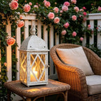 17" Vintage Distressed White Metal Lantern, Glass Paneled Hanging Candle Lantern, Rustic Farmhouse Decor for Indoor & Outdoor Patio, Garden, Wedding & Entryway Display by Unknown